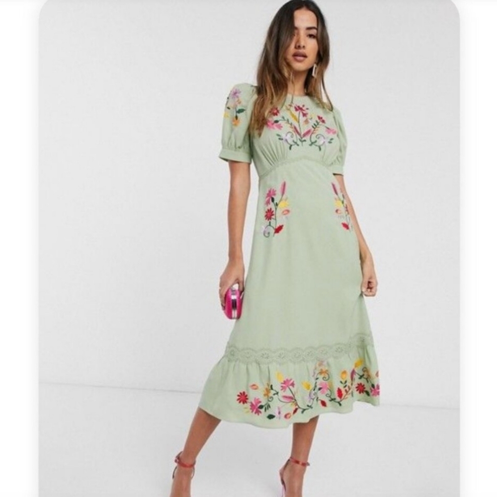 NWT ASOS Embroidered Green Tea Party Dress - Picture 4 of 11